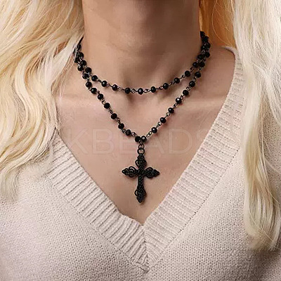 Halloween Alloy & Acrylic Round Beads Link Chain Cross Pendant Double Layer Necklaces for Women LS-NJEW-K294-02EB-1