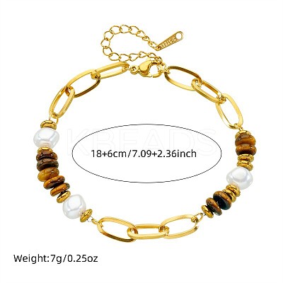 304 Stainless Steel Paperclip Chain Natural Tiger Eye Rondelle Beaded Bracelets for Women WGDB3B0-01-1