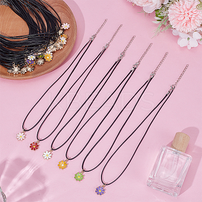 48Pcs 6 Colors Alloy Enamel Flower Pendant Waxed Cord Necklaces NJEW-GO00002-1