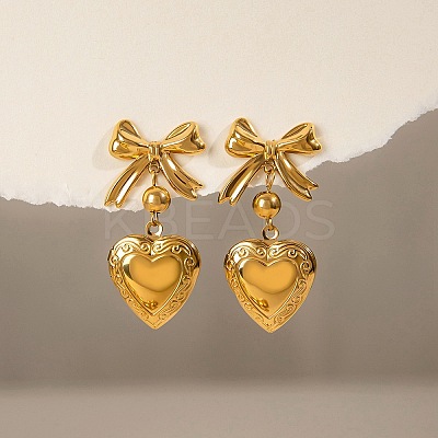 Bowknot with Heart 304 Stainless Steel Dangle Stud Earrings EJEW-M065-03G-1