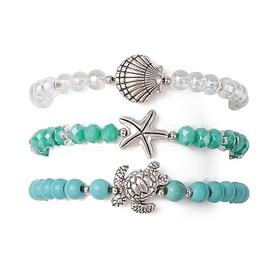 3Pcs 3 Styles Round Glass & Synthetic Turquoise Beads Stretch Bracelets Sets for Women BJEW-JB11654-1