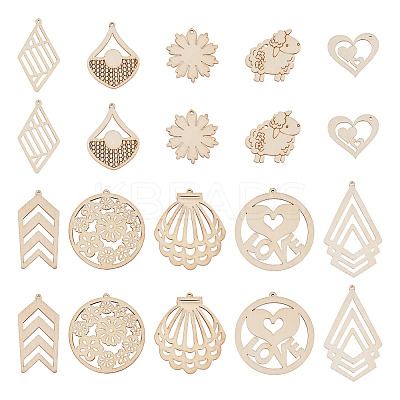 100Pcs 10 Styles Undyed Natural Wooden Big Pendants WOOD-EL0001-03-1