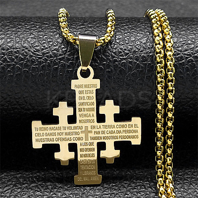 Jerusalem Cross 304 Stainless Steel Pendant Box Chain Necklaces NJEW-NH0003-01G-1