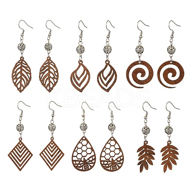 6 Pairs 6 Styles Natural Walnut Wood with Alloy Bead Dangle Earrings for Women EJEW-JE06102-1