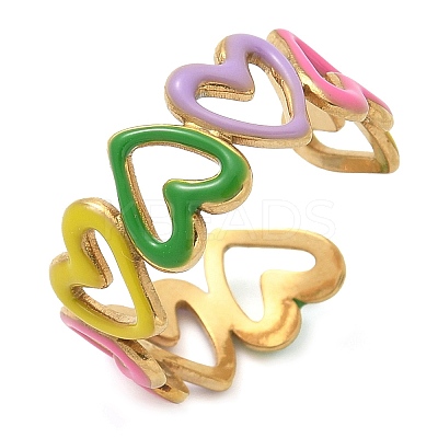 Heart 304 Stainless Steel Enamel Open Cuff Rings for Women RJEW-U034-01G-01-1
