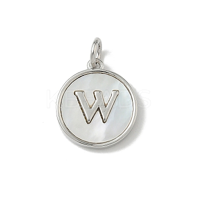 Brass Pave Natural Shell Flat Round with Letter Charms KK-Z115-13P-W-1