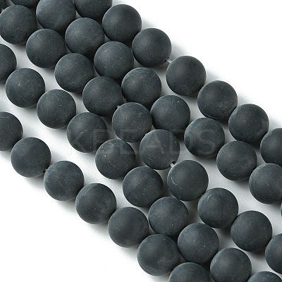 Grade A Round Frosted Natural Black Agate Beads Strands X-G447-5-1