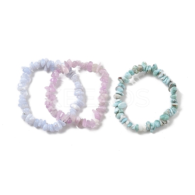 Chips Natural Larimar & Blue Lace Agate & Kunzite Beaded Stretch Bracelets Sets BJEW-JB05332-01-1