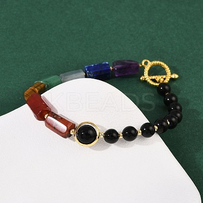 Natural Obsidian & Natural Mixed Stone & Brass Round & Prism Beaded Bracelets for Women BJEW-G752-01G-05-1