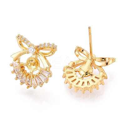 Bowknot Brass Micro Pave Clear Cubic Zirconia Stud Earrings Findings for Half Drilled Beads KK-T071-14G-1