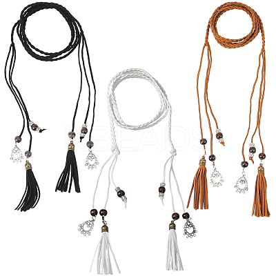 3Pcs 3 Colors Bohemian Imitation Leather Braided Tassel Wrap Chain Belts AJEW-GF0011-98-1