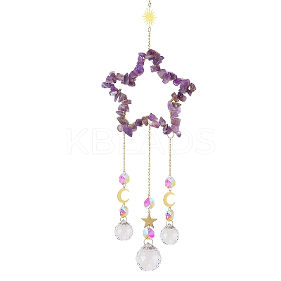 Natural Amethyst Chip Wrapped Metal Star Hanging Ornaments PW-WG25242-02-1