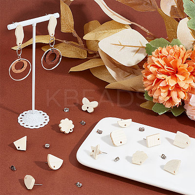 32Pcs 16 Style Oval & Rectangle & Fan & Butterfly Natural Ash Wood Stud Earring Findings EJEW-UN0002-29-1