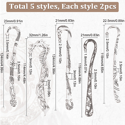 10Pcs 5 Styles Tibetan Style Alloy Bookmark Findings with Holes FIND-SC0008-98-1