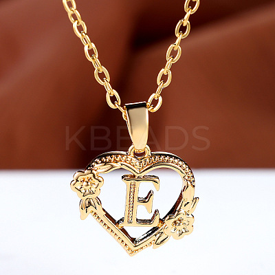 Brass Rose Flower Heart with Letter Pendant Cable Chain Necklaces FS-WG42461-05-1