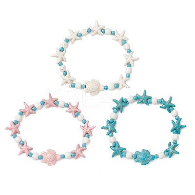 3Pcs 3 Colors Starfish & Turtle Synthetic Turquoise Beads Stretch Bracelets for Women BJEW-JB12129-1