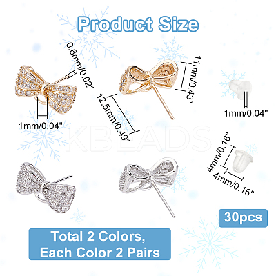 4 Pairs 2 Colors Rack Plating Brass Micro Pave Clear Cubic Zirconia Earring Findings KK-DC0001-37-1