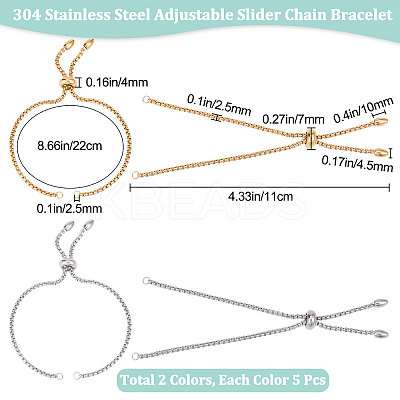10Pcs 2 Colors Adjustable 304 Stainless Steel Slider Bracelets Making STAS-BBC0001-85-1