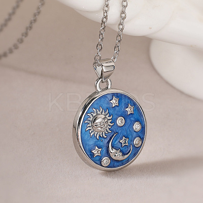 Brass Micro Pave Clear Cubic Zirconia with Blue Enamel Flat Round Pendant Necklaces LS-NJEW-Z088-03P-01-1