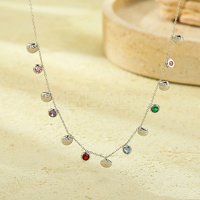 304 Stainless Steel Colorful Cubic Zirconia Flat Round & Shell Shaped Bib Necklaces for Women NJEW-U031-08P-01-1