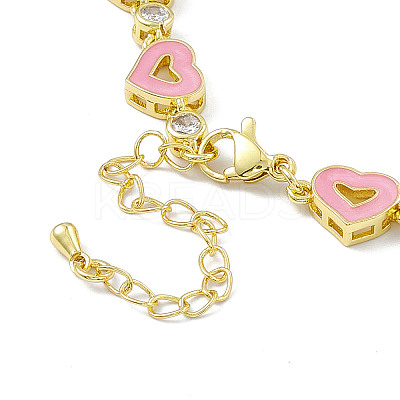 Pink Enamel Heart & Cubic Zirconia Link Chain Bracelet BJEW-P288-14G-1