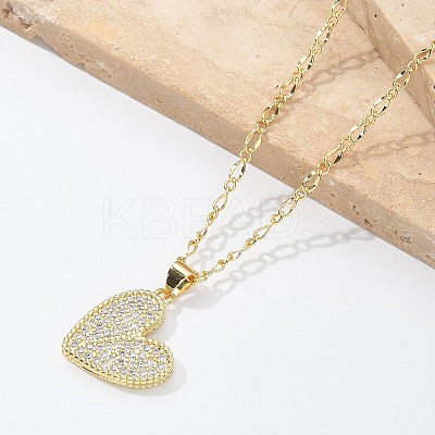 Brass Micro Pave Clear Cubic Zirconia Heart Pendant Necklaces for Women NJEW-M088-01G-01-1