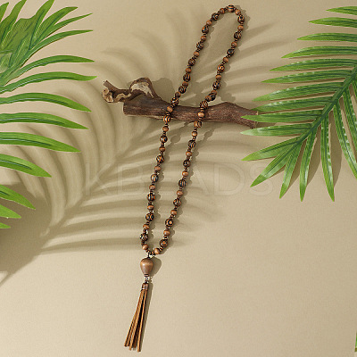 Bohemian Style Alloy with Wood Round Beaded Teardrop Tassel Mala Necklaces FS-WGF1DE6-01-1