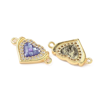 Brass Micro Pave Clear Cubic Zirconia & Shell Heart Connector Charms KK-I357-01G-1