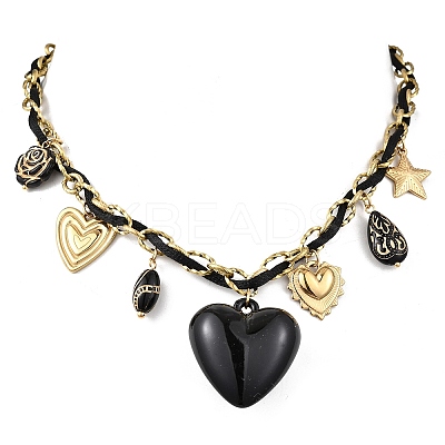 304 Stainless Steel & Acrylic Black Heart Pendant Bib Necklaces for Women NJEW-A063-04G-1