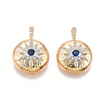 Flat Round with Star Brass Micro Pave Clear Cubic Zirconia Pendants KK-G436-17G-1