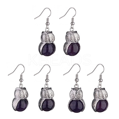 Natural Amethyst Owl Dangle Earrings EJEW-A092-08P-13-1