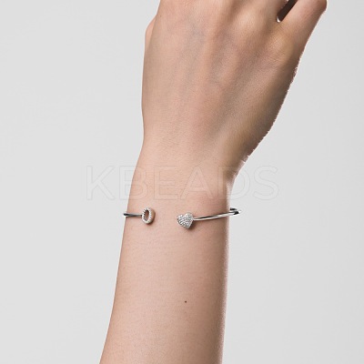 Anti-Tarnish Heart & Letter Rhodium Plated 925 Sterling Silver Micro Pave Cubic Zirconia Cuff Bangles for Women BJEW-C062-01O-P-1