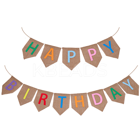 1 Set Word Happy Birthday Linen Hanging Banners Flags AJEW-SP0001-51A-1