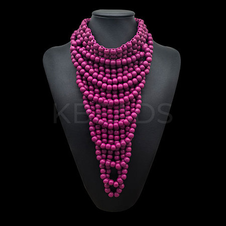 Round Wood Beaded  Multi Layered Bib Necklaces for Women FS-WG9E278-08-1