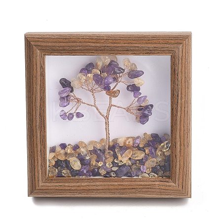 Natural Amethyst and Yellow Quartz Chips Chips Tree of Life with Wooden Photo Frame Decorations DJEW-B013-04H-1