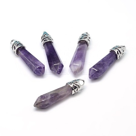 Bullet Platinum Plated Alloy Natural Amethyst Pointed Pendants G-F228-06F-RS-1