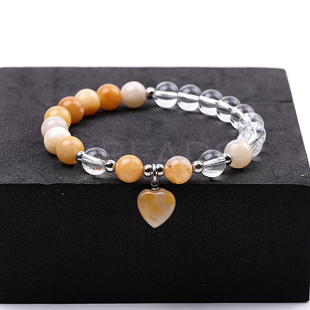 Round Natural Yellow Jade & Quartz Crystal Beaded Stretch Bracelets XW2849-4-1