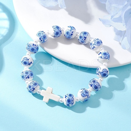 Imitated Pearl Acrylic & Handmade Porcelain & Synthetic Turquoise Beads Bracelets BJEW-JB13229-1