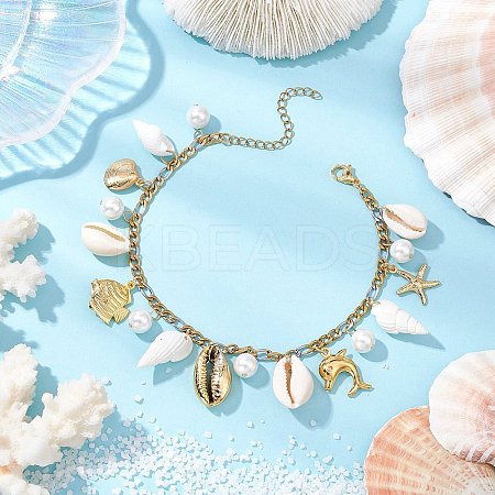 Natural Cowrie Shell & Brass Dolphin Starfish Charm Anklets AJEW-AN00650-1