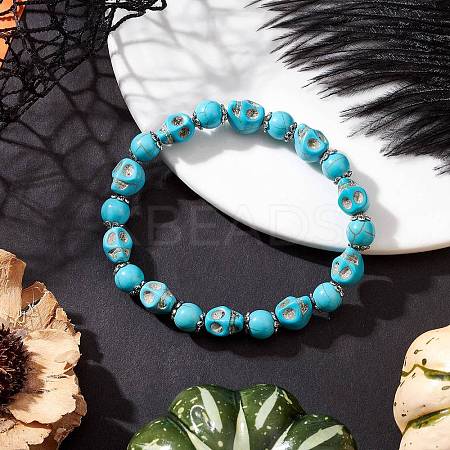 Halloween Dyed Synthetic Turquoise Skull & Round Beaded Stretch Bracelets for Men Women BJEW-JB12255-02-1