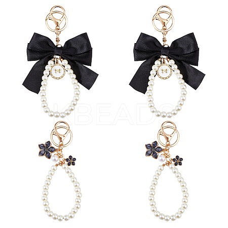 4Pcs 2 Styles Alloy Enamel Flower & Cloth Bowknot Pendant Keychains AJEW-HS0001-25B-1