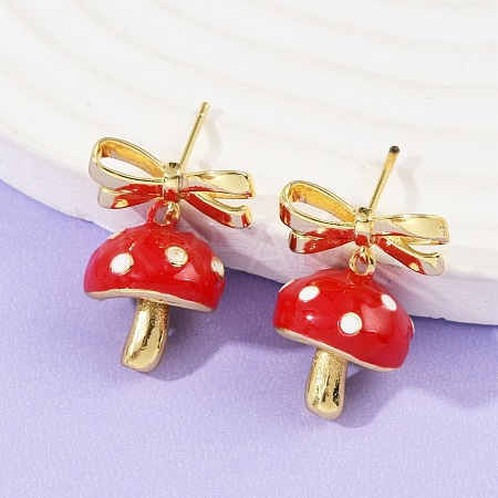 Mushroom with Bowknot Brass Enamel Dangle Stud Earrings EJEW-F895-25B-G-1