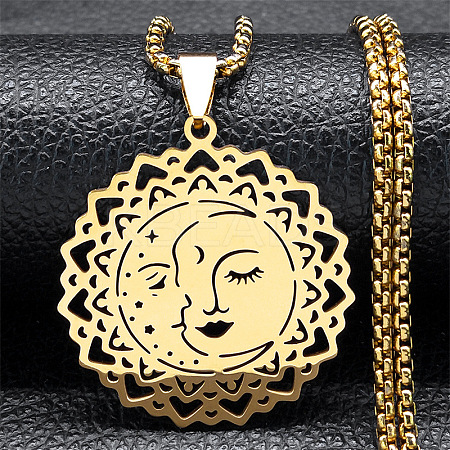 201 Stainless Steel Hollow Moon Star Flower Pendant Necklaces for Women NJEW-K283-35G-1