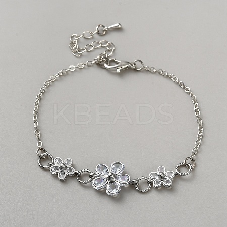 Brass Micro Pave Clear Cubic Zirconia Flower Link Bracelets for Women BJEW-WH0012-52P-1