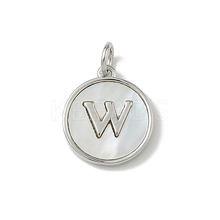 Brass Pave Natural Shell Flat Round with Letter Charms KK-Z115-13P-W-1