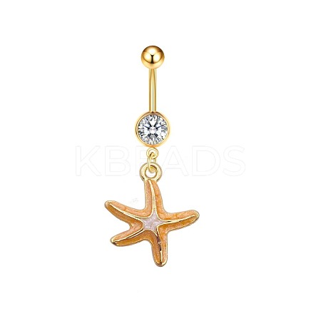 304 Stainless Steel Pave Clear Cubic Zirconia Enamel Starfish Curved Barbell Dangle Belly Rings FS-WG01A3A-06-1