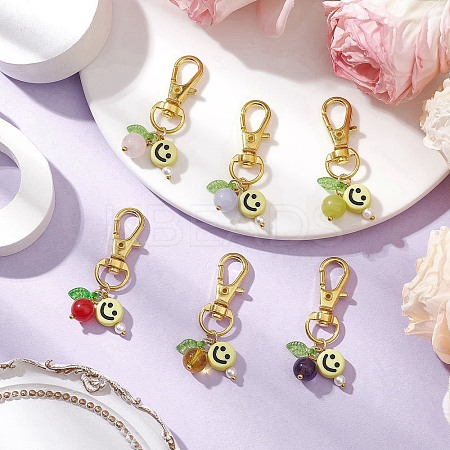 6Pcs Smiling Face Acrylic & Natural Lemon Jade & Quartz & Amethyst & Rose Quartz & Quartz Crystal & Dyed Malaysia Jade Pendant Decorations HJEW-JM03151-1