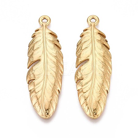 304 Stainless Steel Feather Pendants STAS-T067-32G-1