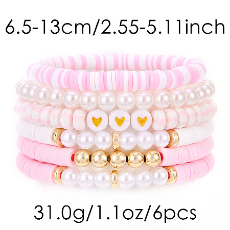 7Pcs Heart Pattern Polymer Clay & Plastic Pearl & CCB Plastic Beaded Stretch Bracelet Set for Women FS-WG634BB-04-1