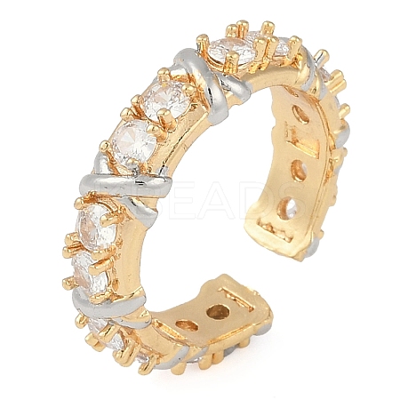 Letter X Brass Micro Pave Clear Cubic Zirconia Open Cuff Ring for Women RJEW-Q819-08G-1